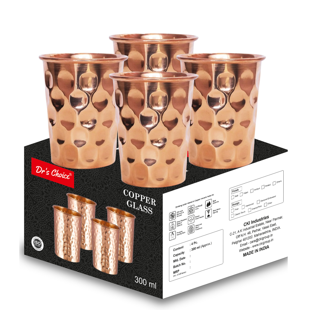 Dr's Choice Pure Copper Diamond Design Water Glass Set of 4pc - Image 3