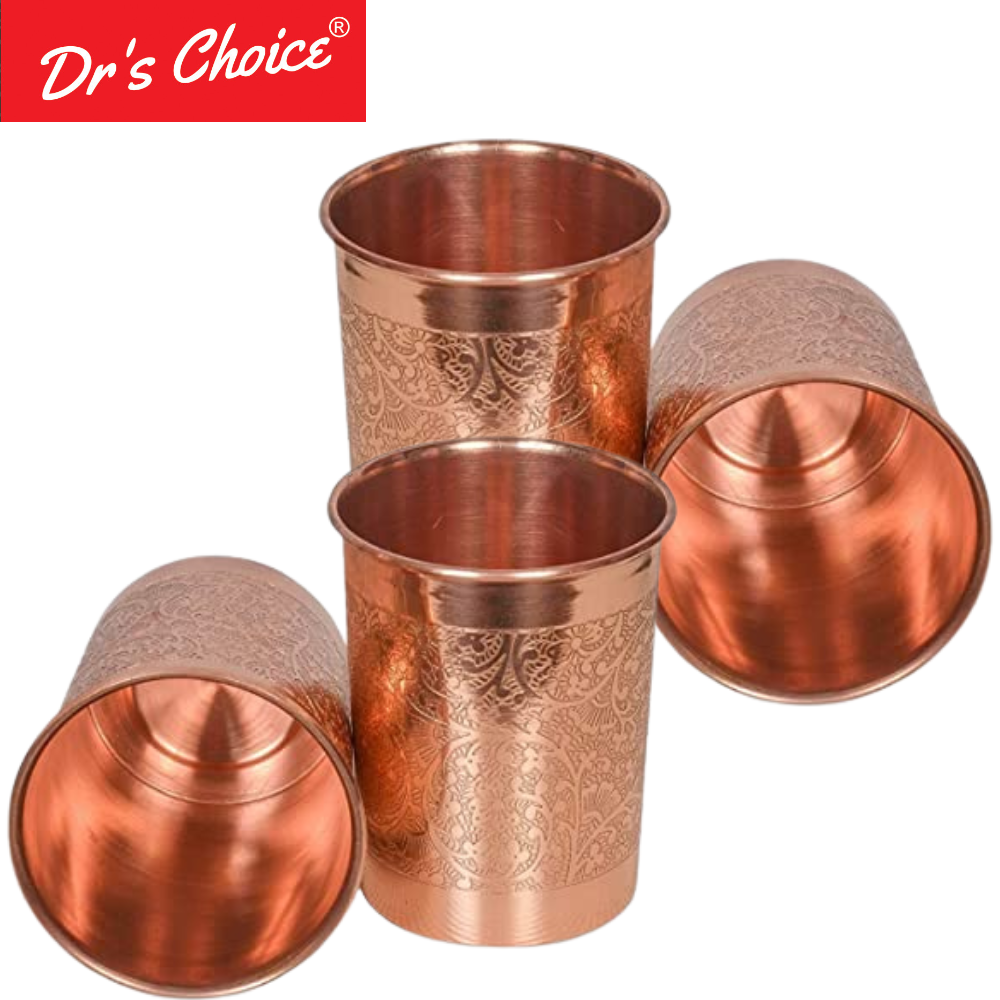 Dr's Choice Pure Copper Embossed Design Water Glass Set of 4pc - Image 3