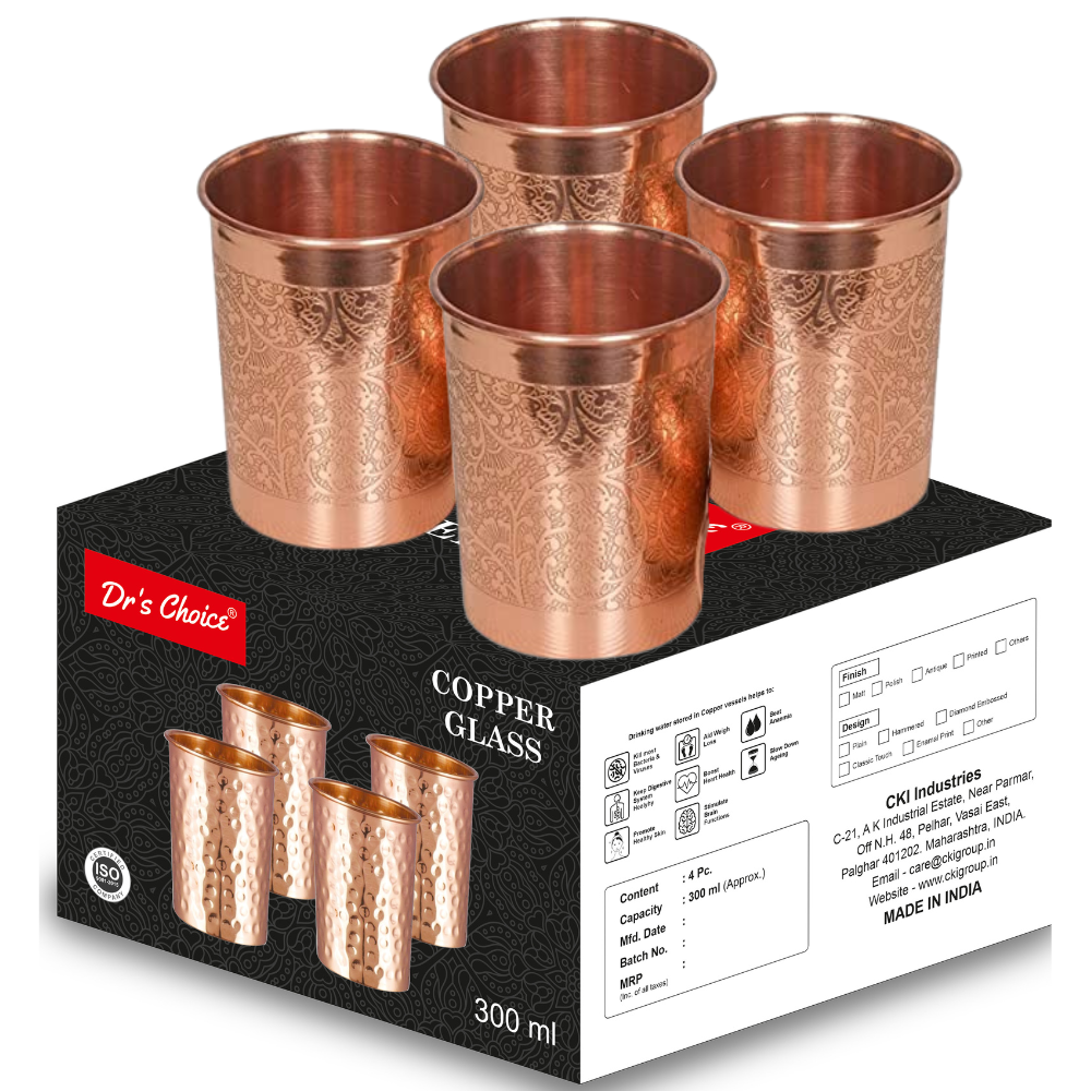 Dr's Choice Pure Copper Embossed Design Water Glass Set of 4pc - Image 2